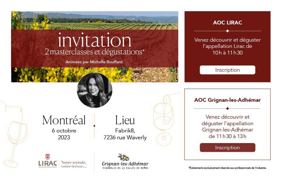 INVITATION – Masterclasses AOC Lirac et AOC Grignan-les-Adhémar avec Michelle Bouffard