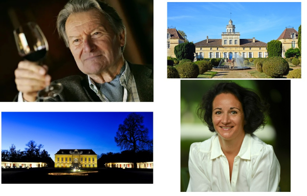 Dans le sens des aiguilles : André Lurton, le château Bonnet où André Lurton est né, Mathilde de Caix-Lurton, petite fille de André Lurton, le château La Louvière.